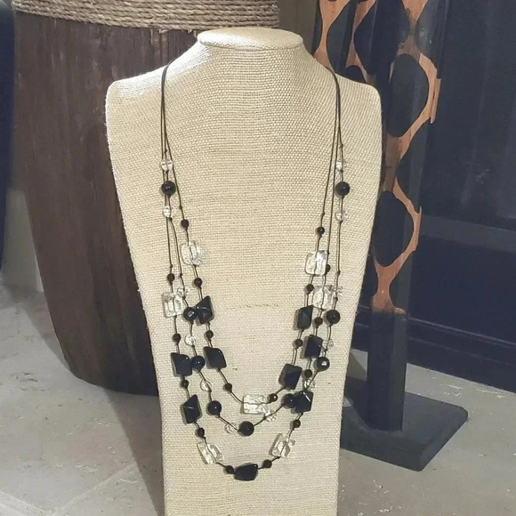 Handcrafted Knotted 3-Strand Black and Clear Vintage Glass Beads Necklace - Picture 1 of 3